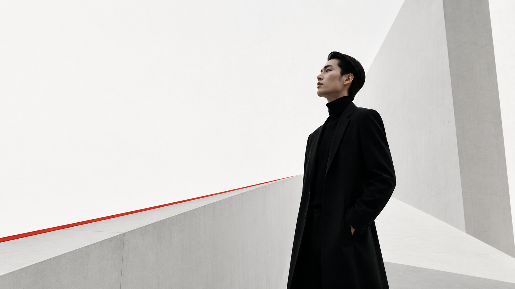 Editorial figure in architectural setting with subtle red signal line