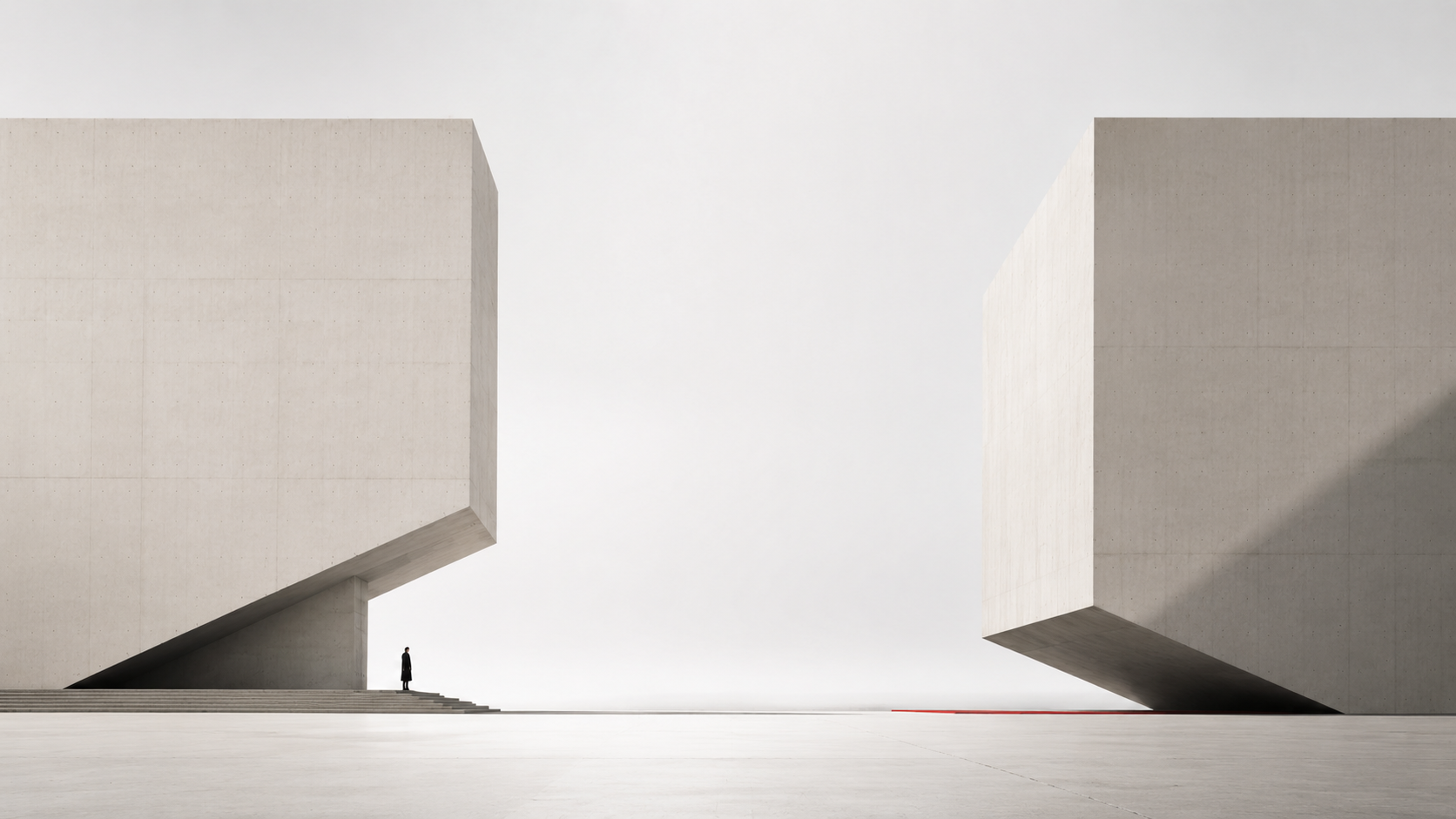 Two monumental concrete architectural structures with a central adaptation void and human scale