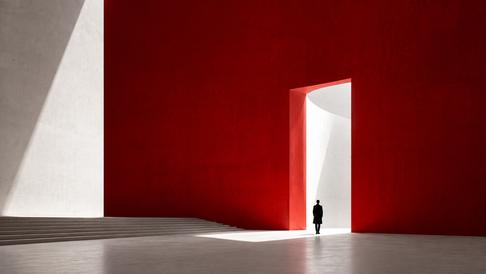 Red architectural field with white threshold opening and human figure